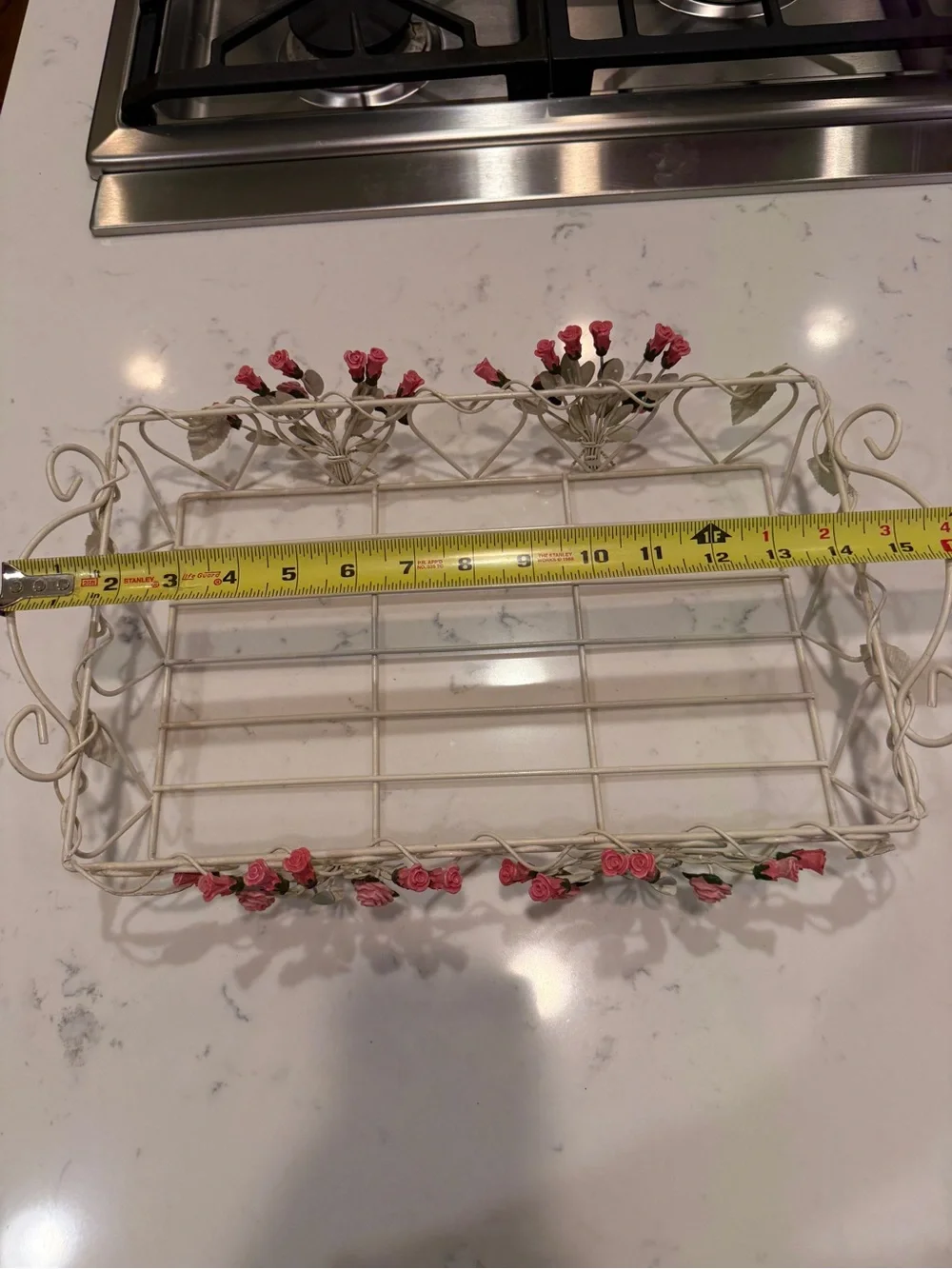 Vintage Cottage Cream Metal Wire Rose Tray Shabby Chic Pink Floral Vanity Basket
